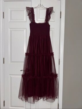 Women’s Burgundy Tulle Tiered Maxi Dress